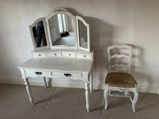 White Antique Style Distressed French Dressing Table with 3 Mirrors and Chair