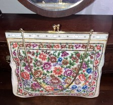 Vintage Petit Point Embroidered Tapestry Purse Handbag Beige Floral - Clasp
