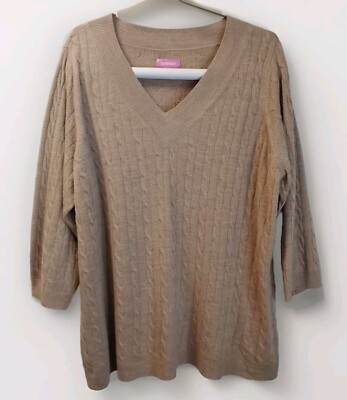 Avenue V-Neck Cable Knit Top Mushroom Brown Minimalist Neutrals Plus 26/28 4X 5X