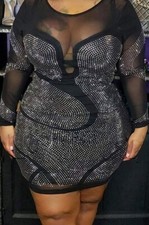 Black Sheer Studded Mini Plus Size Dress