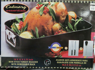 NIB CULINARY ESSENTIALS 16X12X3.5 IN. NON-STICK ROASTER /REMOVABLE RACK + BONUS