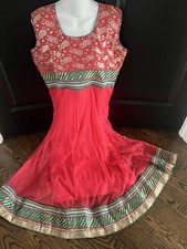 NWT Tomato Red Rhinestones Embroidery Net Brocade Anarkali Suit Set Chest 40