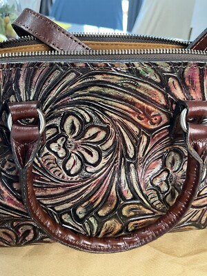 patricia nash tobacco fields Patricia Nash Leather Metallic Tobacco Fields Tooled Leather Handbag 13”W X  9”H