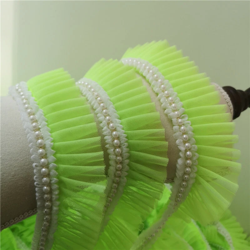 2M Lace Net Ruffle Trim Faux Pearl Beaded Pleated Mesh Ribbon Edge Sewing Decor - Image 4 of 4
