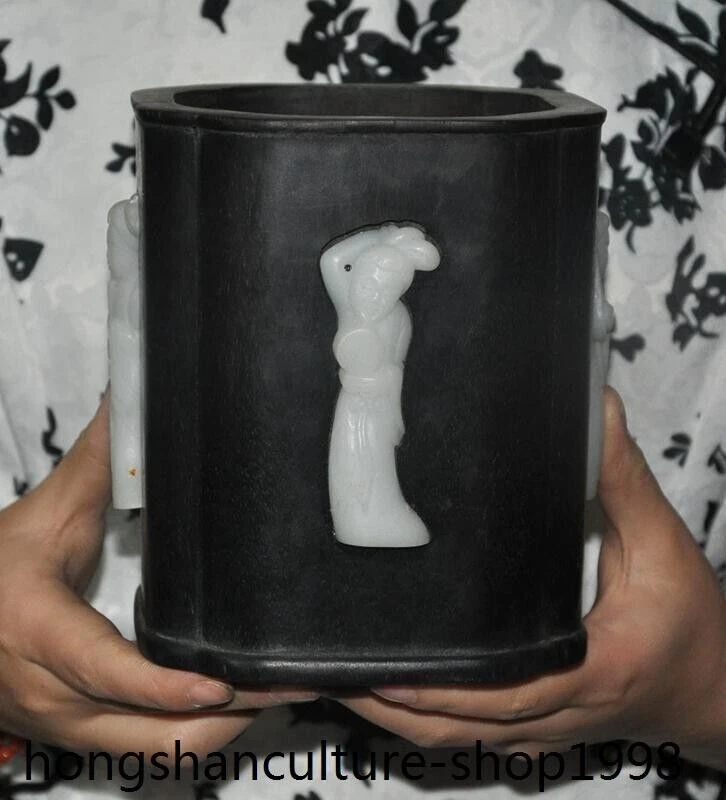 Jarrón lápiz de 5,6"" China palo de rosa hetian jade talla herramientas de caligrafía cepillo maceta Foto 3 de 4