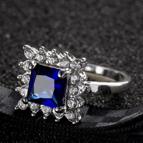 Dark Blue Square Cut Band Flower Claw Women's 925 Silver Wedding Ring Size 6-10 - Picture 7 of 10