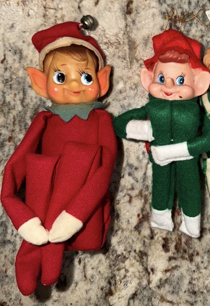 Vintage Elf Knee Hugger Christmas Ornament On A Shelf Red Lot of 2 Xmas Toys
