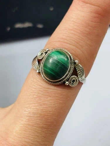 Vintage silver and malachite ring UK size T/U used