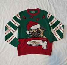 Ugly Christmas Sweater Mens XL Pug Dog Santa Hat Cookie Plate  Milk Green Red