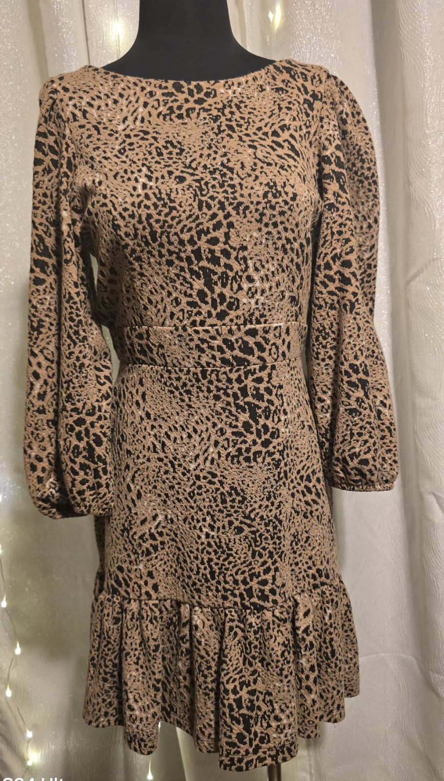 Maeve Anthropologie Leopard Print Knit Bow Cutout Back Mini Flounce Dress Size 8
