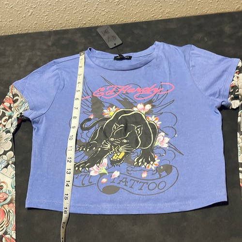 Ed Hardy Top Womens Tattoo Sheer Mesh Long Sleeve Crop Y2K Jaguar - Picture 6 of 11