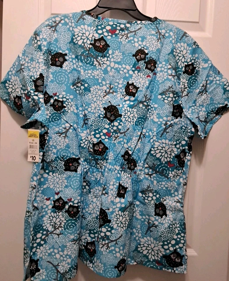 B Scrubs Blue & White Floral W/Owls Pattern Elastic Back Shirt/Top Size 2X NWT - Image 4 of 4