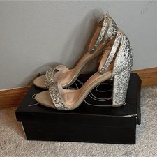 Silver Glitter Block Heel Strappy Ankle Strap Open Toe Women's Heels