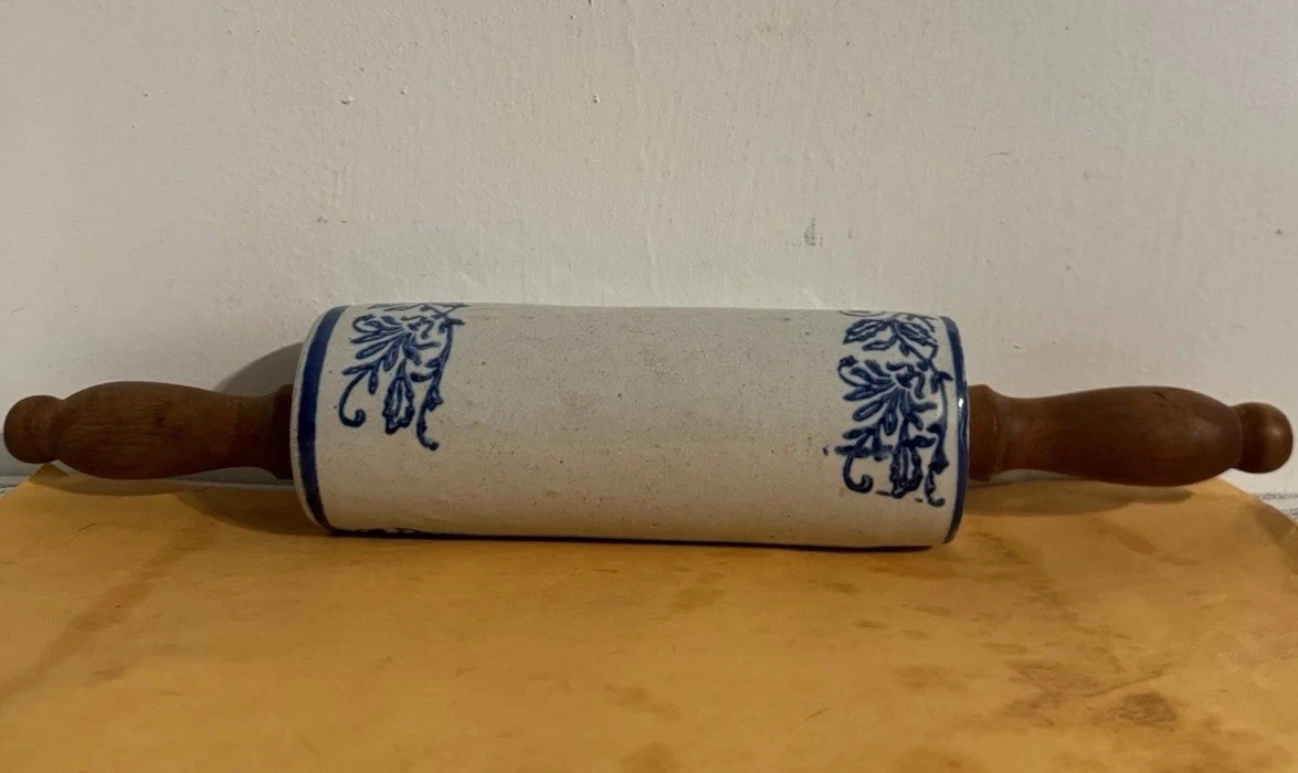 Antique Blue & White Stoneware Rolling Pin Hand Carved Wood Handles 15”
Opens in a new window or tab