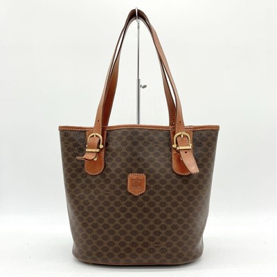 CELINE Tote Bag Macadam Pattern Bucket Shaped PVC Leather Dark Brown Used
