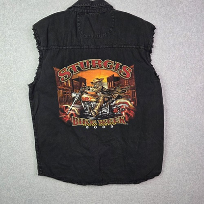 #ad #ad VTG Sturgis Bike Week Denim Vest Men L Black South Dakota Skeleton Biker USA Y2K $15.98