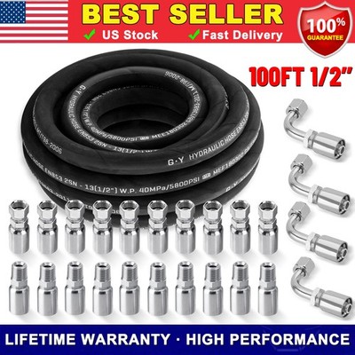 100FT Hydraulic Hose Kit with Straight & 90° 1/2'' JIC & 1/2'' NPTF Male Fittings