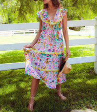 BELL by ALICIA BELL NWT $365 Sylvie Silk Cotton Voile Hand Blocked Midi Dress S