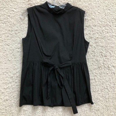 Prada Top Shirt 44 Womens Black Peplum Belted Sleeveless Blouse Stretch Casual