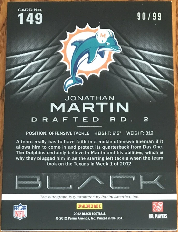2012 Panini Black Rookie Signatures GOLD Jonathan Martin #149 #’d 90/99 - Image 2 of 2