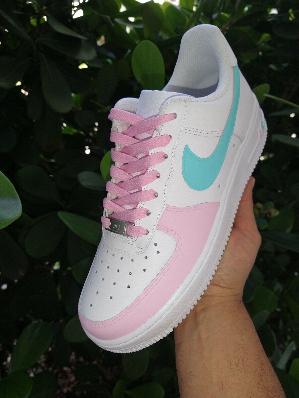 🧁Nike Air Force 1 07 Womens White Pink Turquoise Custom Girls Gs Men FREE  GIFT