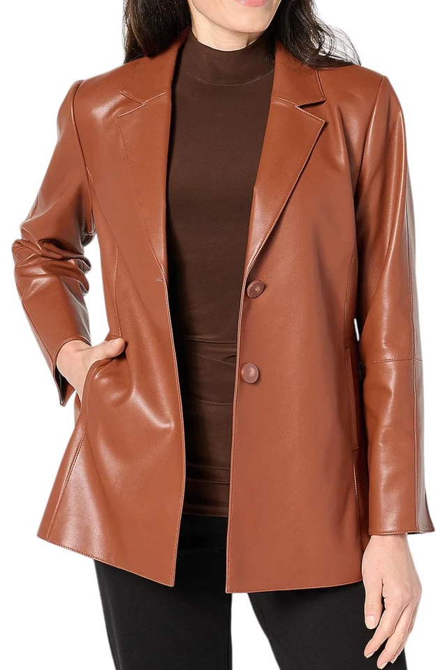 Chaqueta de cuero sintético coñac Dennis Basso Luxe para mujer