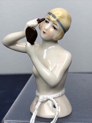 2.5  Antique German Bisque Half 1/2 Doll Lady 3893 Blonde Make Up & Mirror #CC