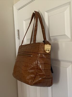 Ladies Lauren Ralph Lauren Dark Brown Faux Croc Embossed Italian Leather Large Ralph Lauren Signature Safari Crocodile Embossed Tote Bag  main image 2