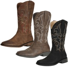 Mid Calf Cowboy Boots for Women Embroidered Western Dress Wide Square Toe Botas