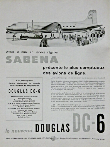 PUBLICITÉ DE PRESSE 1947 AVION DE LIGNE DOUGLAS DC-6 SABENA