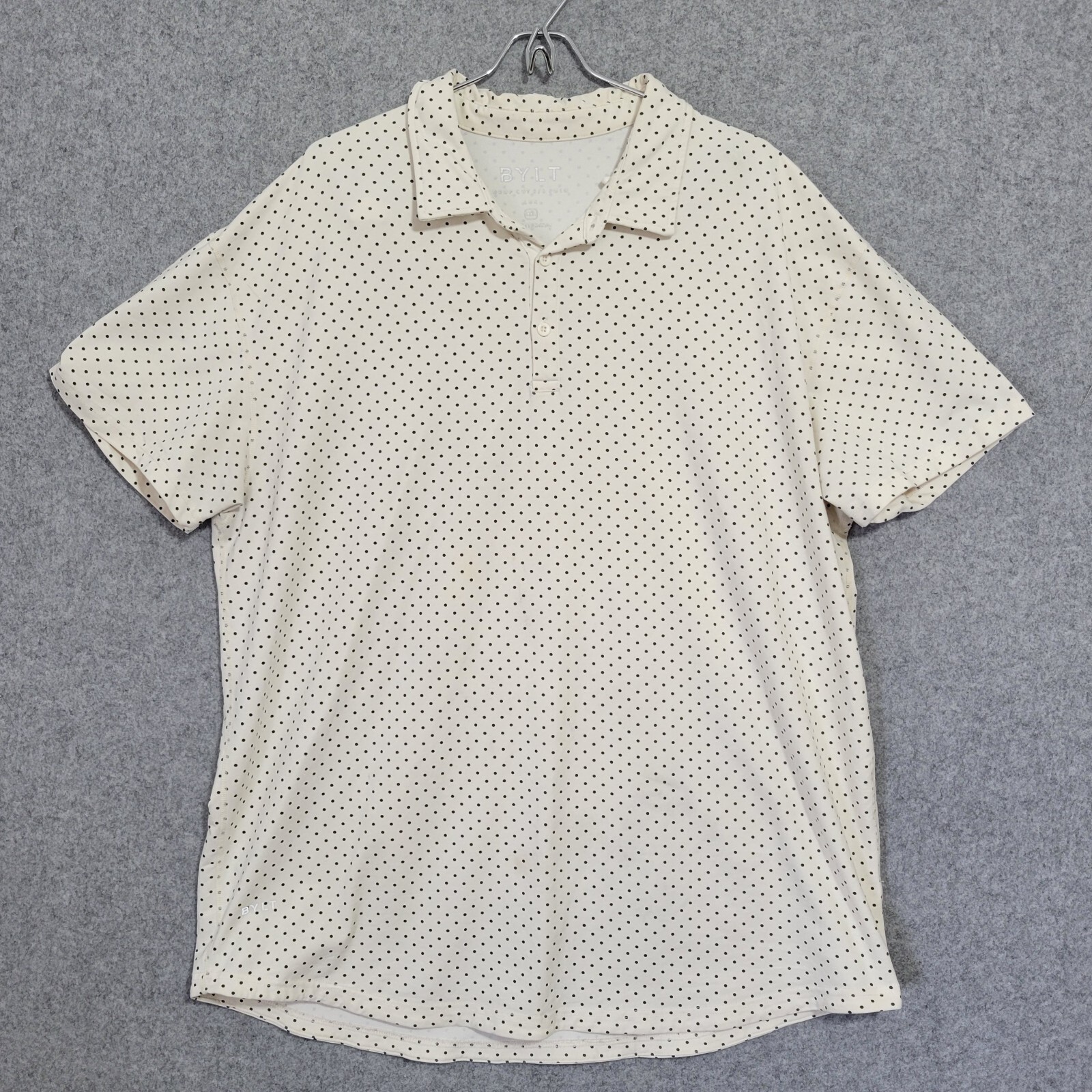 BYLT Lux Polo Men 2XL Ivory Polka Premium Dot Print Drop Cut Hem Stretch Golf