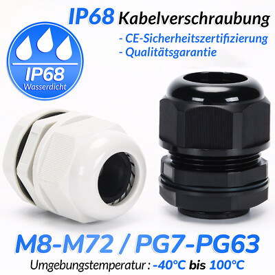 Kabelverschraubung PG07-PG63 Metrisch Verschraubung M8-M72 Weiß / Schwarz IP68