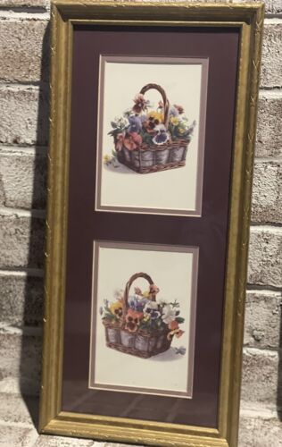 Vintage Mary Kay Krell Pansy Double Matte Prints 8”x19” Framed - Afbeelding 1 van 5