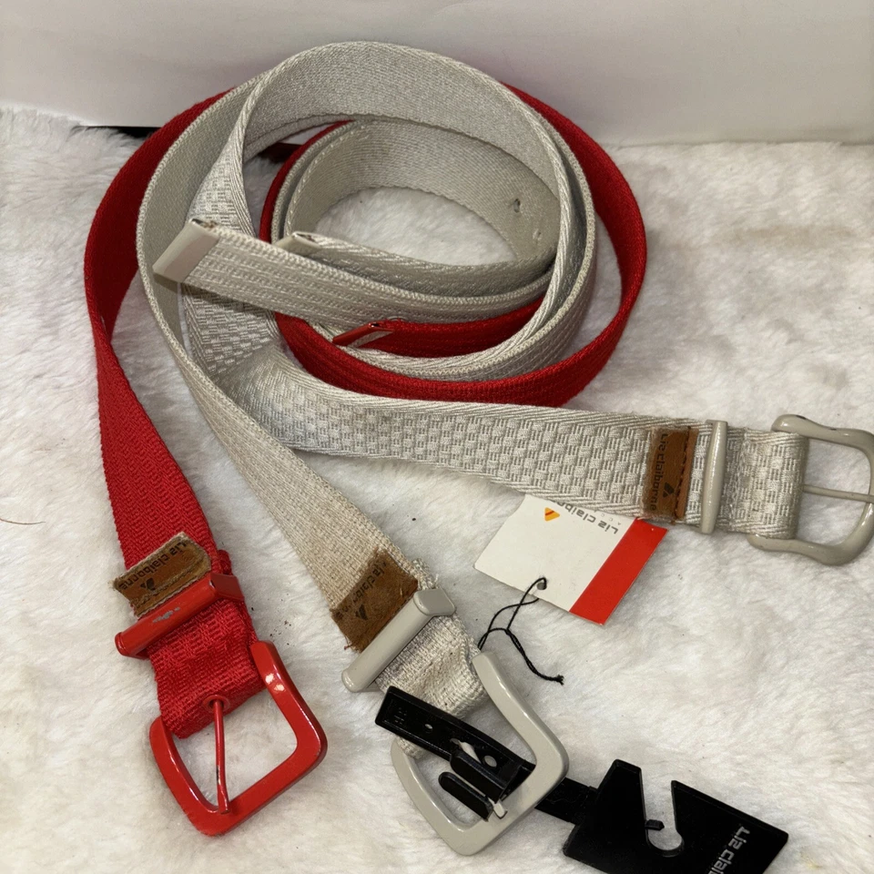 Liz Claiborne 复古 3 件装编织尼龙皮带金属扣红色、白色、米色 — 第 3/4 张图片
