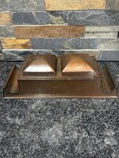 Antique Copper Brass Double Inkwell Desk Set Arts Crafts Glass Inserts 