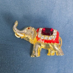 Gold Tone Metal Elephant Brooch Pin with Red Eye and Rhinestone Accents Unique