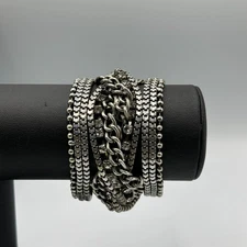 Silver Tone Chain Bracelet Multi Strand Rhinestone Accents Layered Magnetic