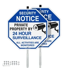 2PCS 10x10 Inch Private Property Video Surveillance Security Sign with 42" Stake