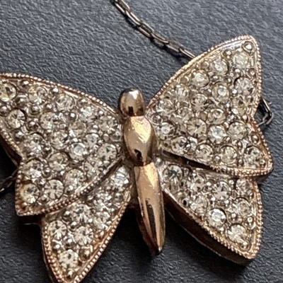 Vintage Eisenberg Butterfly Necklace Clear Rhinestone Signed Gold Tone Figural