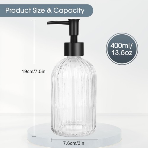 2 Pack Glass Soap Dispenser with Black Plastic Pump, 400ml Liquid Hand Soap D... - Picture 5 of 8