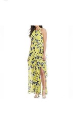 Eliza J NWT Halter Ruffle Maxi Dress Size 10 Sleeveless Chiffon Gown Yellow Blue