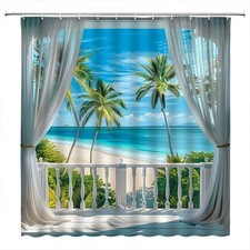 Beach View Shower Curtain Blue Ocean Tropical Palm Tree Summer Island Wooden ...