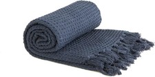 Image of Emma Barclay Honeycomb Throw 50x60" Navy Blue Cotton Waffle Sofa Chair Blanket