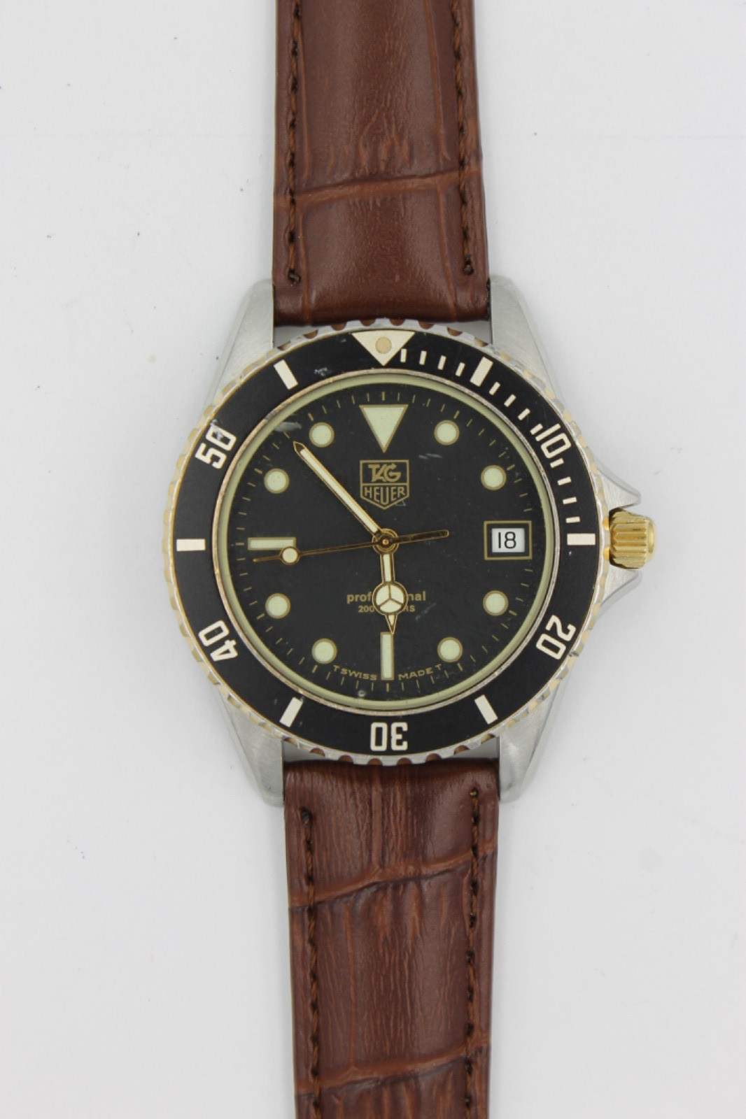 Tag Heuer 980.020 Mens 1000 Series Professional Black Gold Watch Brown Leather