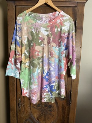 Atelier 5 Women s L Watercolor Floral Lightweight Knit Top 3/4 Sleeve USA MADE
