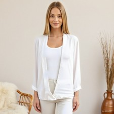 Minimalist Blazer White Lyocell Open Front Shawl Collar Long Sleeve Lined L