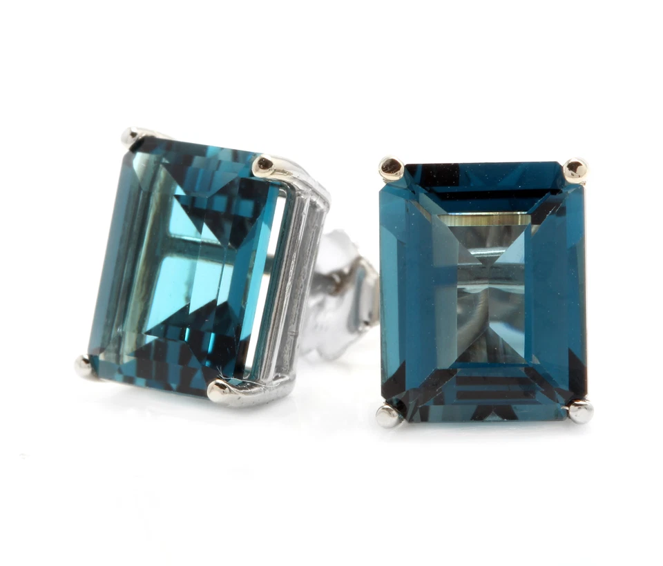 Natürlich London Blau Topas Edelstein Ohrstecker 14K Echt Weißgold E611 - Bild 2 von 4