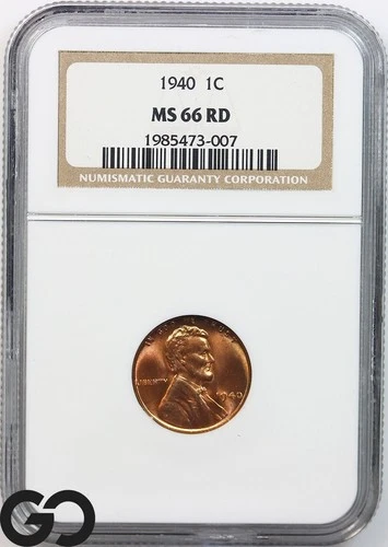 1940 Lincoln Cent Wheat Penny, Brilliant RED, NGC MS 66 RD