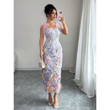 Women Elegant Mesh Floral Tie Shoulder Sleeve...