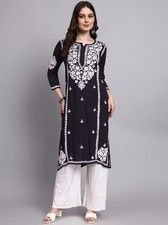 Women Black Rayon Kurta with Chikankari Embroidery